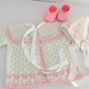 Classic Vintage Infant Baby Girl White/Pink Layette Set Sweater and Hat